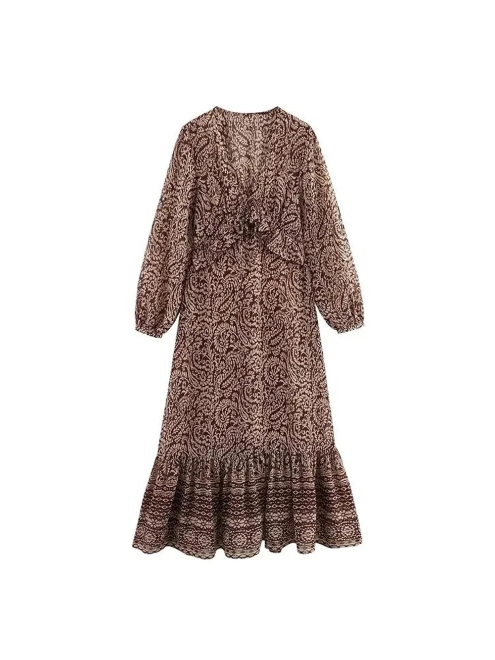 Zara Brown Paisley V-Neck Long Sleeve Midi Dress size L